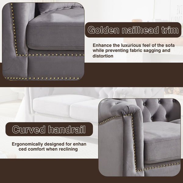 English Elm {video] Chesterfield Two-seater Velvet Sofa with Nailhead Trim and Tufted Gold Leg Luxury Grey W1926S00105