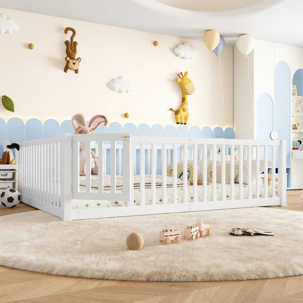 English Elm Queen Kids Floor Bed Pine Wood Frame with Safety Rails Door and Low Profile Design Light White W1580P417672