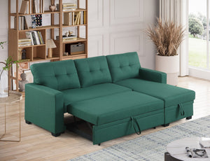 English Elm Convertible Upholstered Sectional Sofa with Pull-out Chaise Sleeper and Storage Green B2730S00004