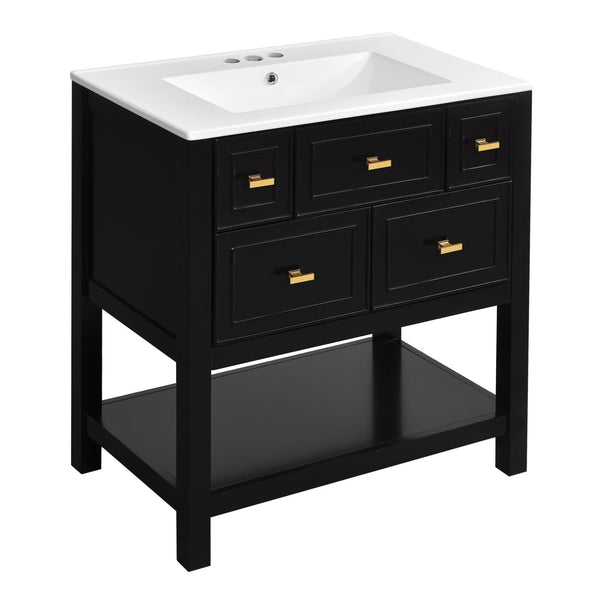 English Elm 60'' Elegant Freestanding Bathroom Vanity Set With Ceramic Sink, Solid Wood Frame & Ample Storage N710SS00004B