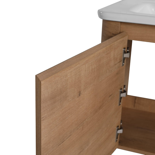 English Elm 28'' Wall-Mounted Bathroom Vanity with Ceramic Sink, Soft-Close Door, Plywood Durability & Space-Saving Design Imitative Oak W999P317929