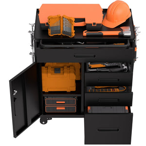 English Elm 34.3" Rolling Steel Tool Cabinet with 3 Drawers Lockable Doors and Pegboard Side Panels T2398P442674