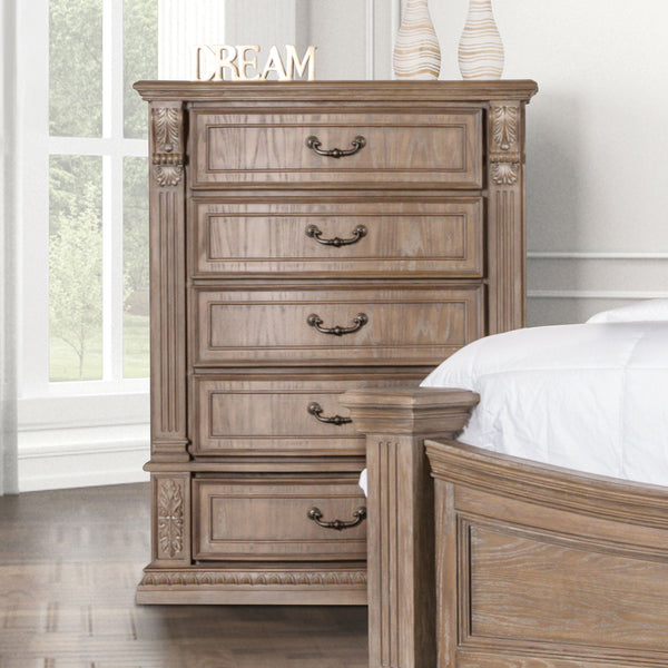 English Elm Transitional Elegant Five-Drawer Chest with Antique Hardware and Deep Storage for Clutter-Free Bedroom Oak 44 L x 23 W x 58 H B2741P380215