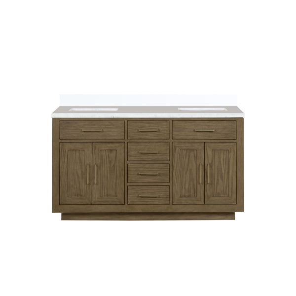 English Elm Grey Oak Double Bath Vanity 60" W X 22" D With Elegant White Quartz Top And Ample Storage Solutions B2731P257745