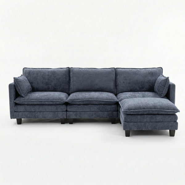 English Elm Modern Chenille Three Seat Sofa with Ottoman Usb Charging Ports and Storage Pockets Blue W2519S00004