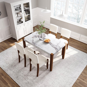 English Elm 5-Piece Modern Dining Set with 46.5" Faux Marble Table & 4 Upholstered Rubberwood Chairs, Space-Saving Elegance for Kitchen and Dining SQ000885AAK