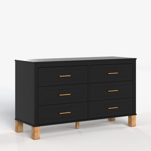 English Elm 6-drawer Double Dresser Solid Wood Legs Mid-century Modern Bedroom Storage Cabinet Black W1445S00006