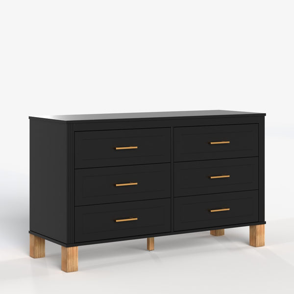 English Elm 6-drawer Double Dresser Solid Wood Legs Mid-century Modern Bedroom Storage Cabinet Black W1445S00006
