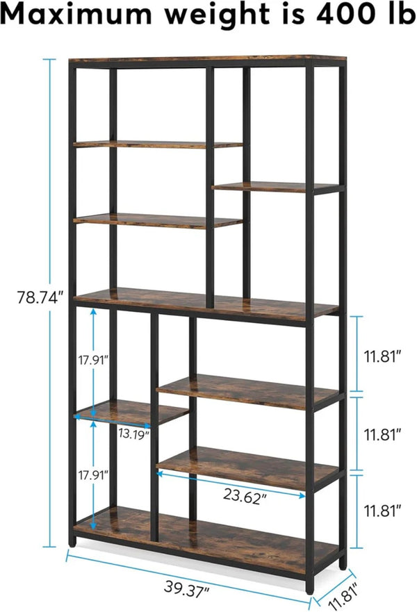 English Elm Tall Industrial Etagere Bookcase with Staggered Open Shelves for Living Room or Office T3971P449887