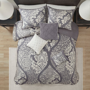 English Elm 7 Piece Cotton Printed Comforter Set In Grey - Elegant Damask Design With Pillows & Bed Skirt B03597027