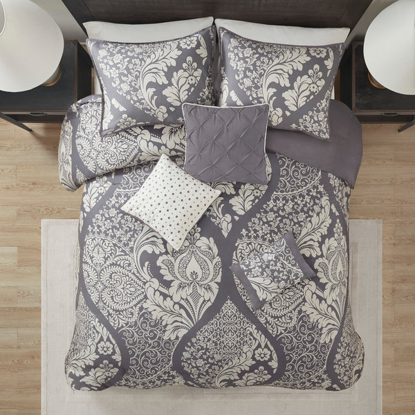 English Elm 7 Piece Cotton Printed Comforter Set In Grey - Elegant Damask Design With Pillows & Bed Skirt B03597027