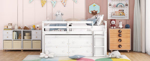 English Elm Full Size Kids Loft Bed Pinewood Frame Dual Study Desks Drawers and Open Shelving White LT000369AAK