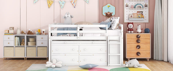 English Elm Full Size Kids Loft Bed Pinewood Frame Dual Study Desks Drawers and Open Shelving White LT000369AAK