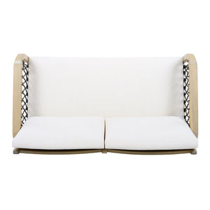 English Elm Outdoor Acacia Wood Loveseat Set with Woven Rope Detail and Slatted Coffee Table Cream,Dark Gray,Light Teak N768P363954L