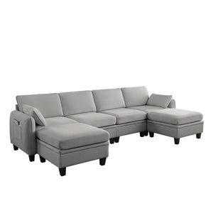 English Elm 102 Inch Linen Modular Sectional Sofa with Hidden Storage and Cloud Cushion Comfort Gray W1099S00215