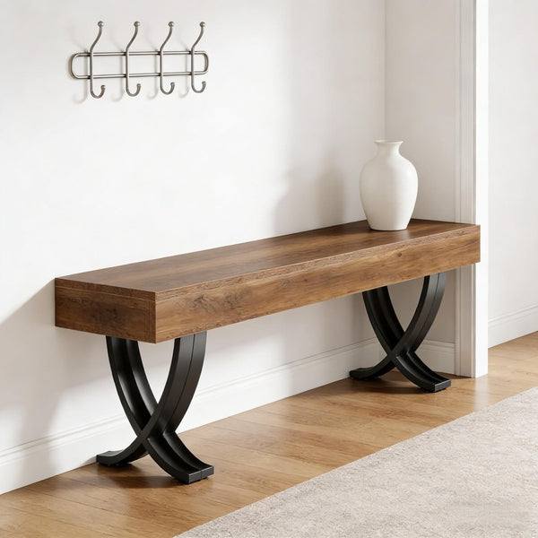 English Elm Plant Bench with X-frame Steel Legs Wood-look Top for Entryway or Bedroom Foot T3971P457935