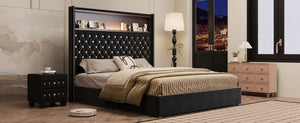 English Elm Queen Velvet Tufted Wingback Platform Bed Tall Headboard with Usb Charging Shelf Black N733P367135B