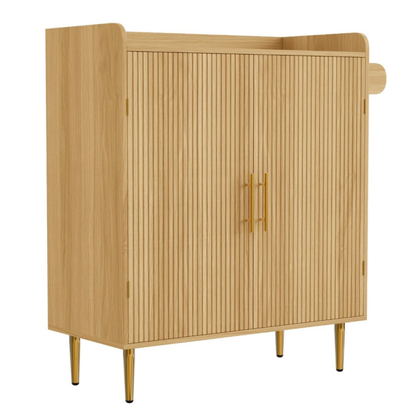 English Elm Modern Fluted Bar Cabinet with Wine Rack Glass Holders Adjustable Shelving and Hidden Drawer Natural N728P438606N