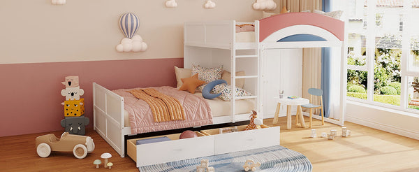 English Elm Full Size Offset Bunk Bed with Wardrobe Hanging Rod Drawers and Upholstered Rail White N820S00081K
