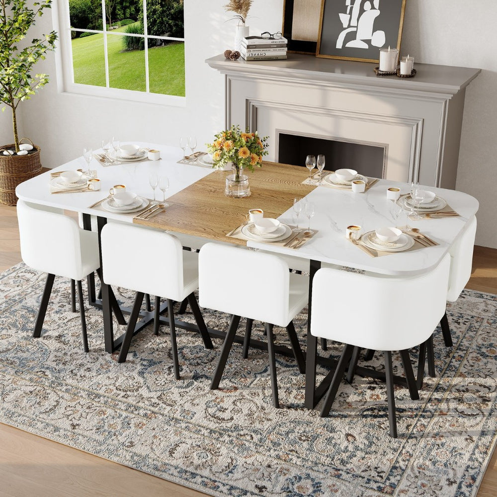 English Elm 9-piece Square Dining Set Faux Marble Wood Grain Table with 8 Pu Leather Chairs W3875S00147