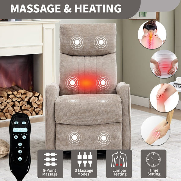 English Elm Beige Fabric Swivel Rocker Recliner with Massage Nodes and Lumbar Heat for Living Room Khaki W1803P363422