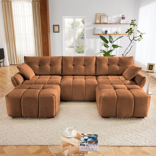 English Elm 3 Seater Chenille Sofa with Ottoman Tufted Arms Solid Wood Frame Lounge Couch Burnt Orange W714S01664