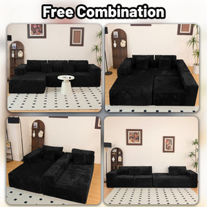 English Elm 112.99"Cloud Long-Pile Corduroy Sectional Sofa with L-Shape Chaise, Modular Deep-Seat Comfort for Living Room Black W3276S00009