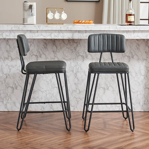 English Elm Industrial Bar Stools Set of 2 — Counter Height PU Leather Seats, Sturdy Metal Frame, Ergonomic Backrest and Footrest for Kitchen Island and Home Bar Grey W1901P264278