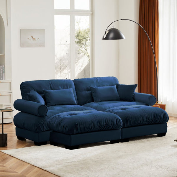 English Elm Over Size Velvet Two-Seater Sofa With Ottoman - Plush Comfort, Bolster Armrests & Pillows In Blue W714S01115-GIGA