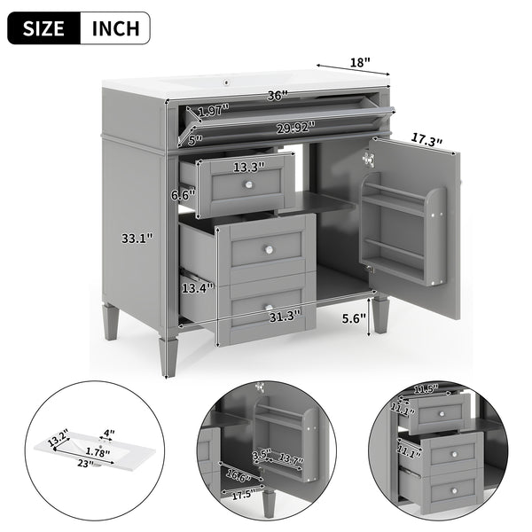 English Elm 36'' Modern Bathroom Vanity With Resin Sink, Soft-Close Drawers, And Tip-Out Storage Solution SW000119AAE-2