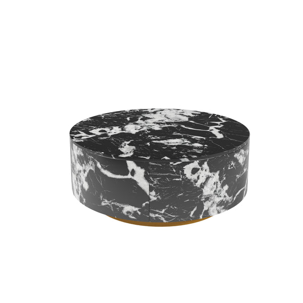 English Elm Tavola Round Coffee Table with Marble Pattern Top and Metal Legs, Two Drawers for Stylish Storage Black B341P321162