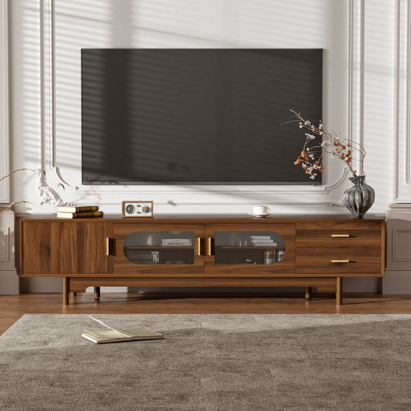 English Elm 78inch Walnut Entertainment Center Fluted Glass Solid Wood Legs Modern Living Room N710P362203P