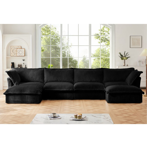 English Elm Slipcovered U-Shape Sectional Sofa Couch - Deep Comfy Seats, French Edges, 4-Seater In Soft Black Corduroy W3041S00101-GIGA