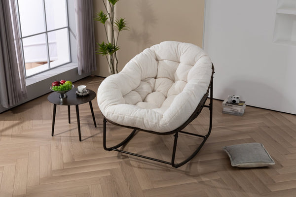 English Elm Outdoor Woven Rattan Egg Rocking Chair with Padded Cushion for Patio Porch Resort Lounge Ancient White W640P499471