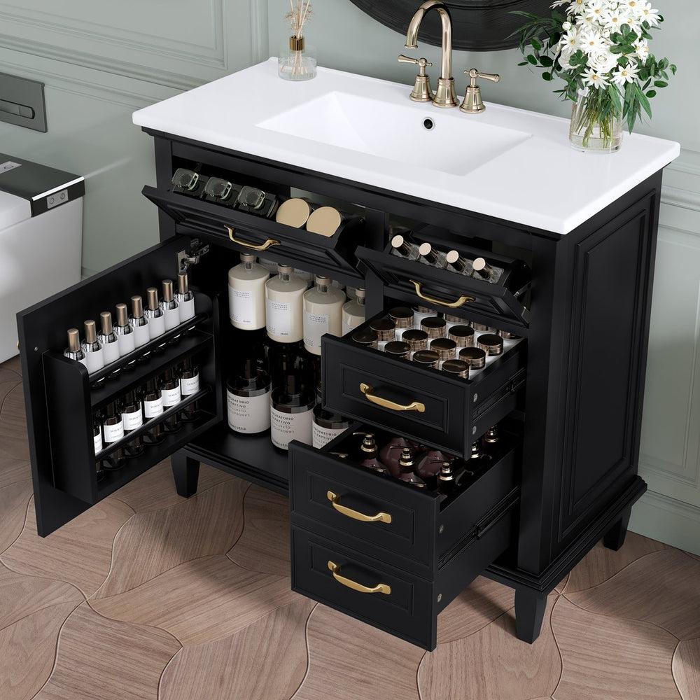 English Elm 36 Inch Bathroom Vanity With Ceramic Sink Top, Solid Wood Frame & Smart Storage Solutions For Style N725P336554B