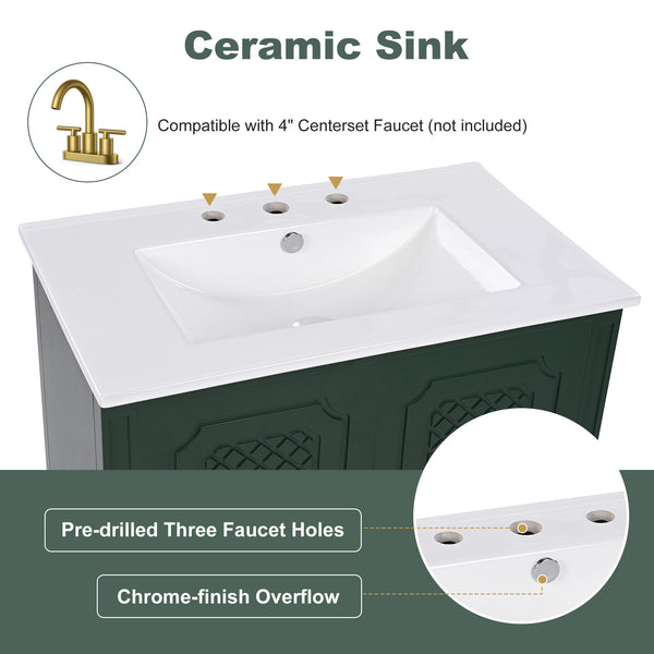 English Elm Christopher Knight Home® - 30" Bathroom Vanity with Sink Vintage Acacia Frame Ceramic Basin Soft-Close Doors & Storage Green N759P313313F