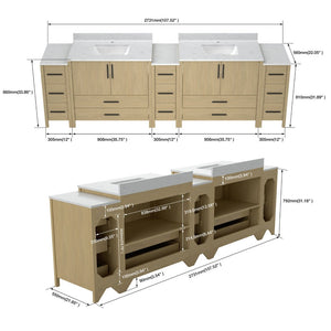 English Elm 108"w×22"d×34"h Freestanding Double Sink Vanity with White Countertop Soft Close T3785S00009