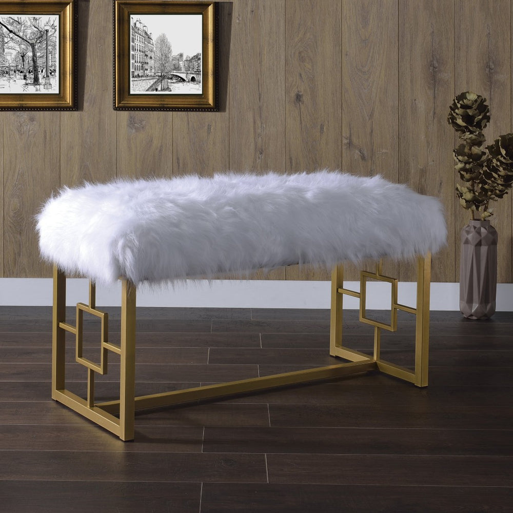 English Elm White Faux Fur Glam Bench With Gold Sled Base | Stylish Entryway Seating For Modern Homes B062P189116-GIGA