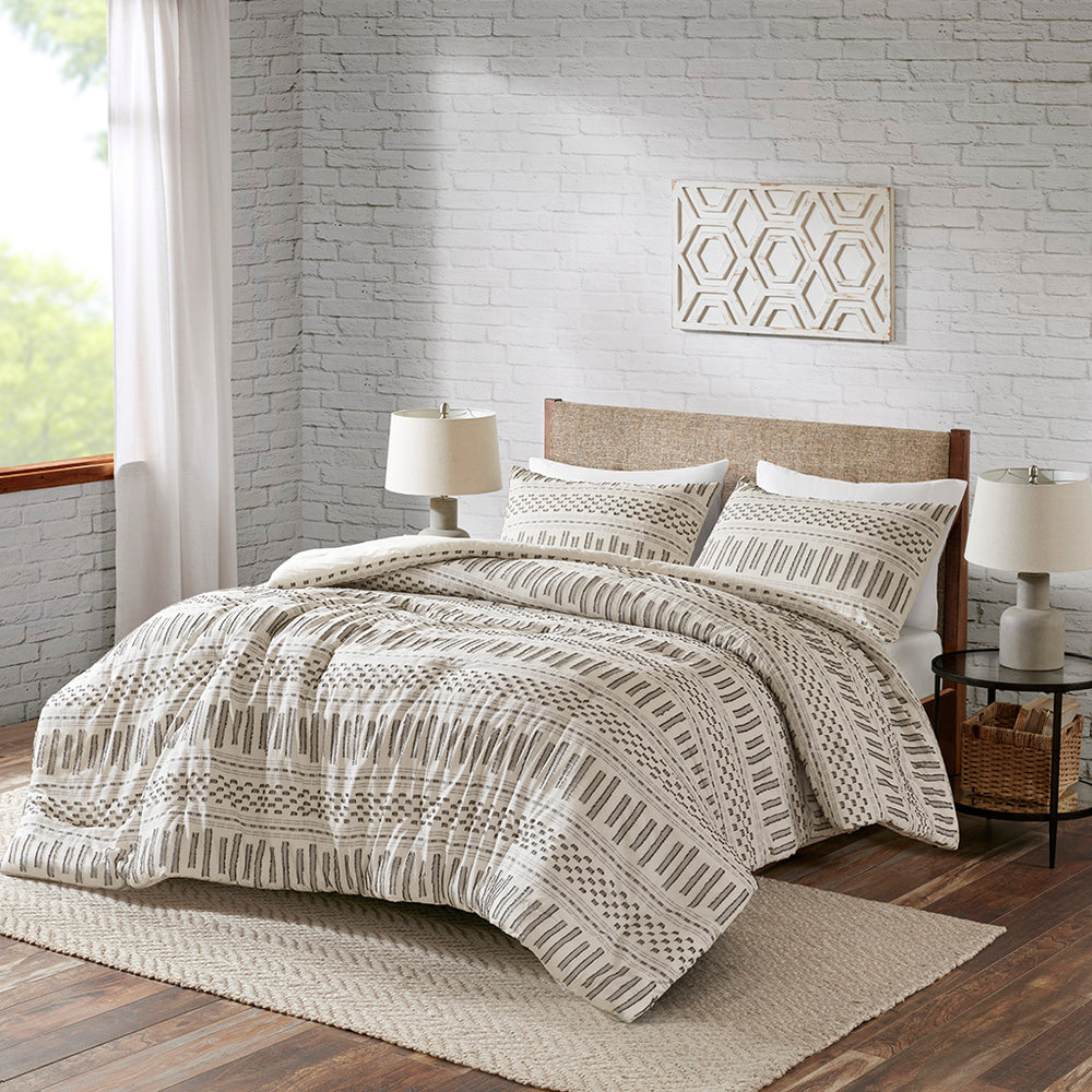 JLA Home INK+IVY - Cotton farmhouse jacquard comforter set with ivory & charcoal eyelash stripes, OEKO-TEX 100% soft breathable II10-1039