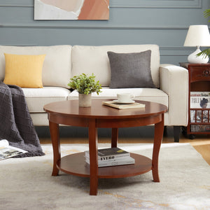 English Elm Traditional Round Coffee Table with Open Shelf, 2-Tier Solid Wood Accent Table for Small Spaces Walnut W1693P216929