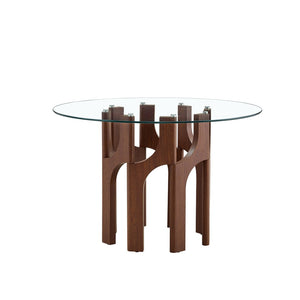 English Elm Round Tempered Glass Dining Table Sculptural Geometric Mdf Base Seats Four Compact Walnut W3875P387156