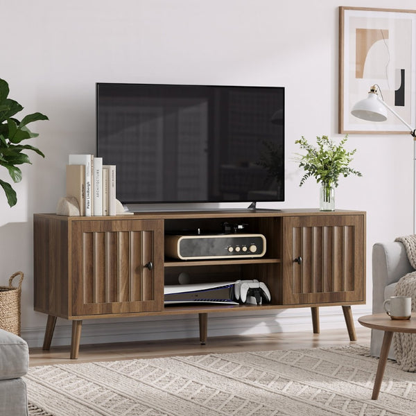 English Elm 55-inch Mid-century Media Console with Louvered Doors and Solid Wood Legs for Living Room W1706P465297