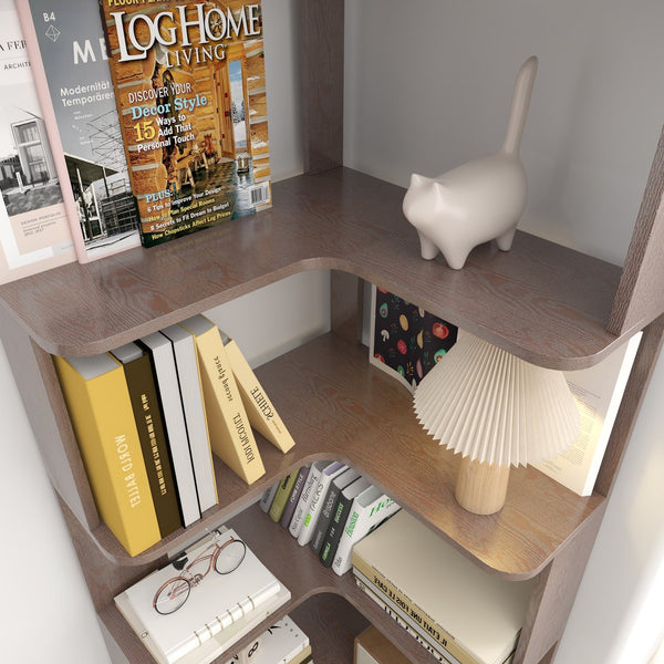 English Elm 6 Tier Freestanding L-Shaped Corner Bookshelf with Anti-Tip, Rounded Corners, 3D Wood Grain Finish Ox Blood Red W2899P372514