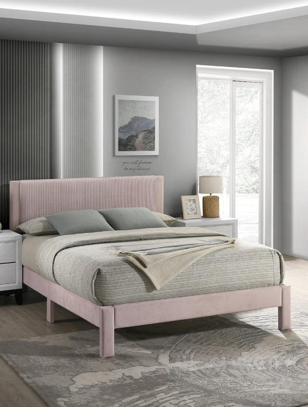 English Elm 1pc Plush Upholstered Headboard Queen Bed with Ribbed Texture, Low-Profile Frame and Sleek Modern Design Pink 54.7 L x 21.3 W x 6.9 H B2741P322569