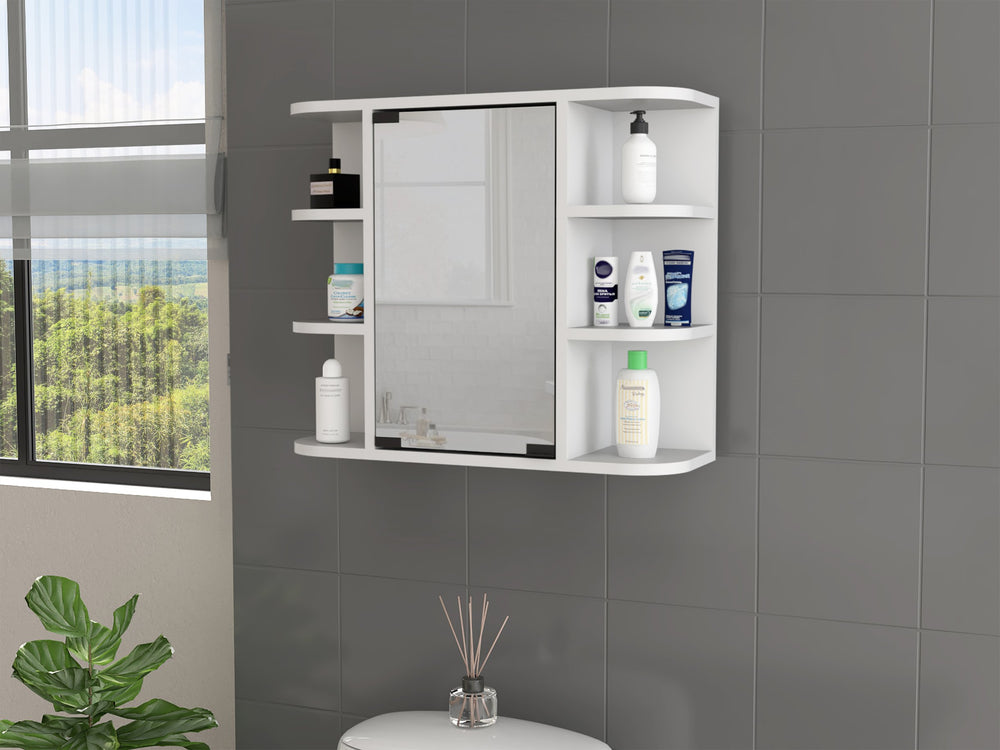 English Elm Valdez Bathroom Medicine Cabinet Mirror with Six Open Shelves and Central Mirrored Door, Durable White 27 L x 18 W x 6 H B128P148818