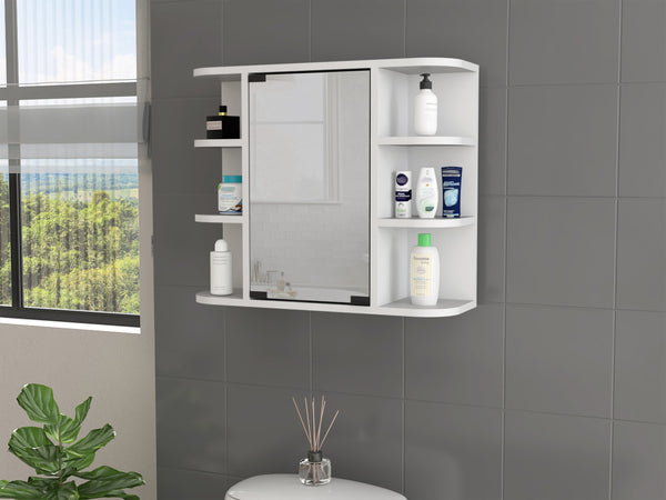 English Elm Valdez Bathroom Medicine Cabinet Mirror with Six Open Shelves and Central Mirrored Door, Durable White 27 L x 18 W x 6 H B128P148818
