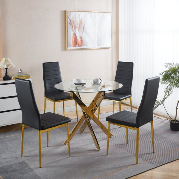 English Elm Chair Chair Set Of 4 - Elegant Black Seat With Golden Metal Legs For Modern Dining Room Style & Comfort W234P302679