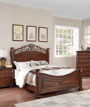 English Elm Formal Traditional California King Bed - Dark Cherry Finish With Tufted Faux Leather Headboard B011S00957