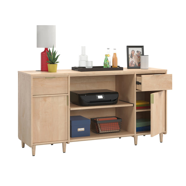 English Elm Credenza, Maple finish—65" durable engineered wood storage with 2 drawers, adjustable shelves, cord management B356P354456