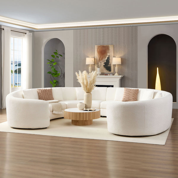 English Elm Mid-Century Bouclé Circle Sectional Sofa — Modular 3-4 Piece High-Back Beige Vintage-Inspired Lounge W3208S00011